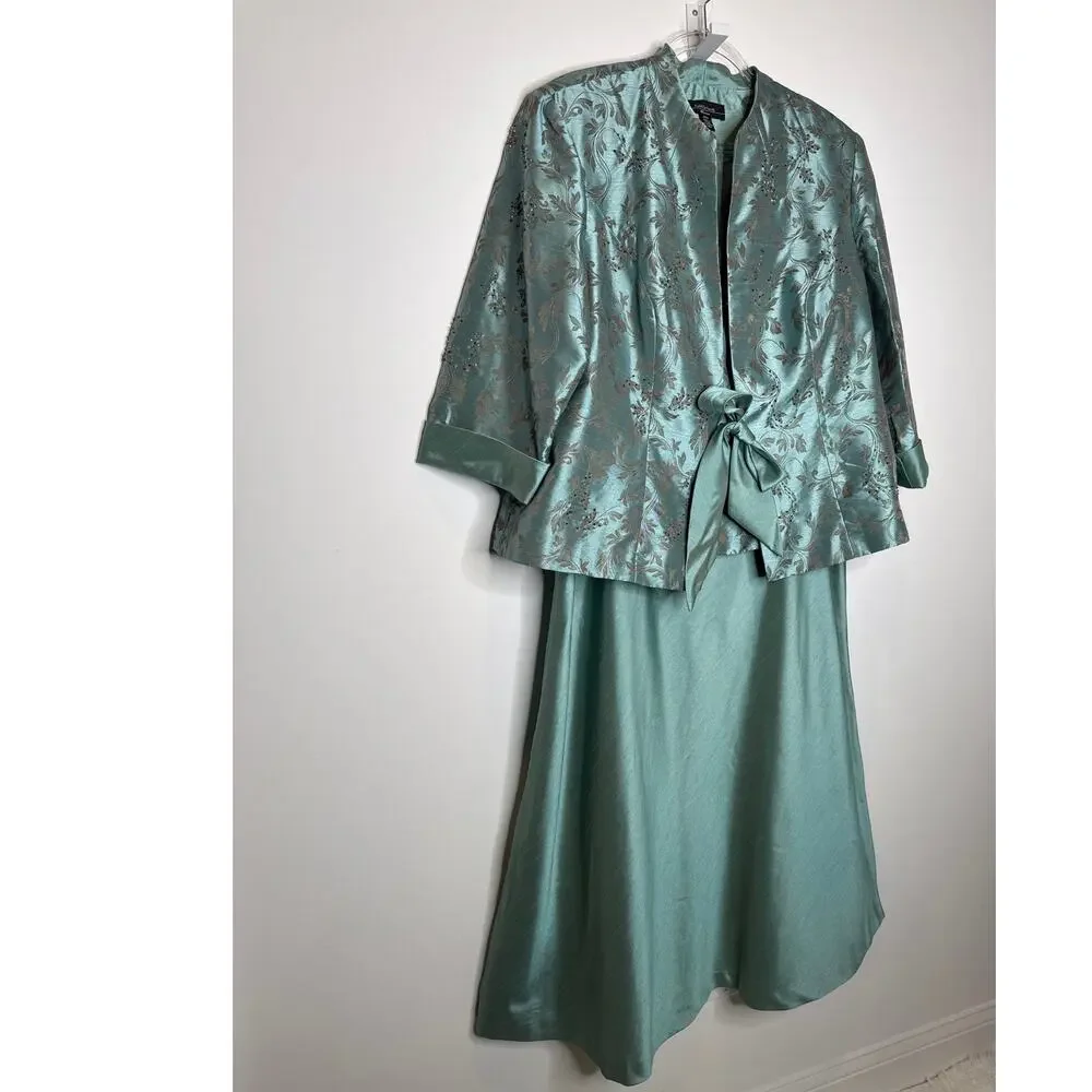 2000s R&M Richards seafoam brocade jacket & satin dress set size 18